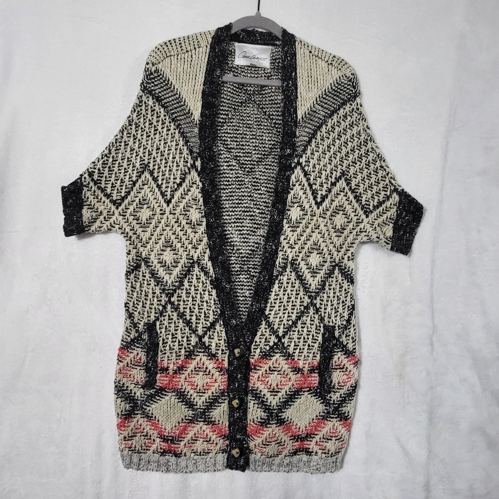 Carol Anderson Sweater Cardigan Womens M White Black Geometric Dolman Pockets